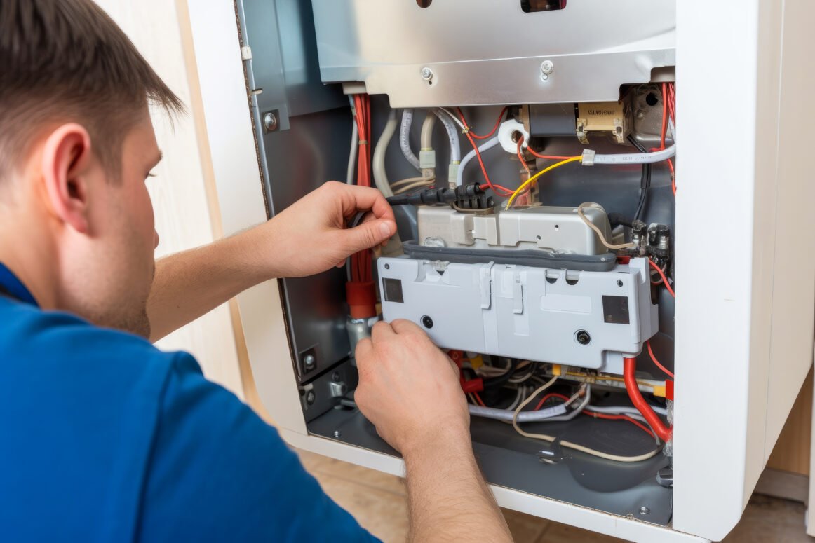 what size furnace do I need Repairman fixing a broken electric boiler or furnace. High quality generative ai